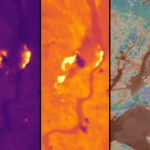 Five vertical thermal image strips from OroraTech's FOREST satellites. Left to right: sea surface temperature off the North Carolina coast; a wildfire near Spokane, Washington, in mid-wave infrared; the same fire in long-wave infrared; urban heat islands across New York City; and Lake Tahoe, whose warm water contrasts with the cold mountains around it.