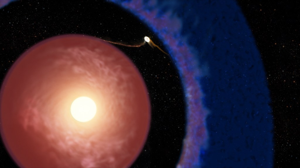 Artist's illustration of the young planet Elias 2-24 b as a glowing gas giant inside a dark gap in the bright, dusty disk of gas encircling its newborn star.