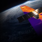 A satellite orbiting Earth, projecting a vibrant thermal imaging swath in shades of orange, yellow, and purple across the planet's surface
